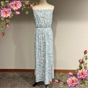 Strapless leaves botanical print maxi dress