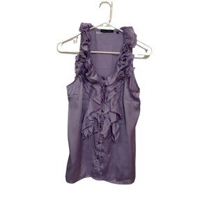 LILAC lavender purple periwinkle ruffled satiny sleeveless blouse Anthropologie