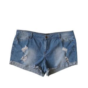 Forever 21 Blue Women's Size 20 Medium Wash High Waisted Distressed Denim Shorts