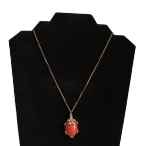 Gold Tone & Coral Oval Shaped Pendant with Rhinestone Encrusted Flowers Necklace