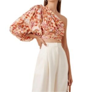 Amur Harley One Shoulder Cold Shoulder Silk Blouson Sleeve Floral Top