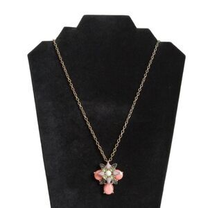 Colorful Rhinestone Encrusted Flower Shaped Silvery Gold Toned Pendant Necklace