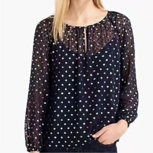 J. Crew Popover Rainbow Clip Dot Chiffon Sheer Blouse Navy Blue Multi Medium