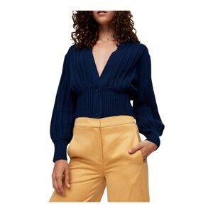 Aritzia Wilfred Thais Cardigan Plunge Neckline Navy Blue Ribbed Cropped Size XXS