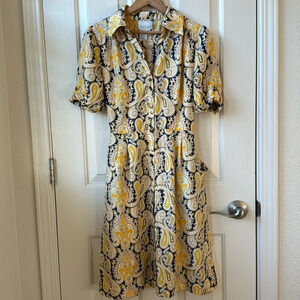 DM Donna Morgan Paisley Print Puff Sleeve Front Button Midi Dress 100% Silk sz 6