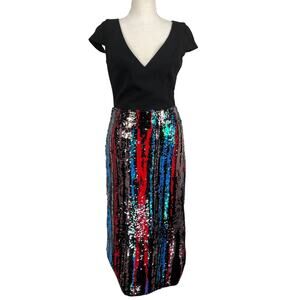 Dress The Population Cap Sleeve Plunge Neck Dress Stripe Sequin Cocktail