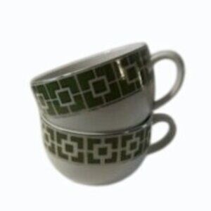 2  Jonathan Adler Porcelain Nixon Mugs Green and Silver on White