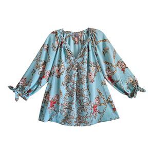 Figueroa & Flower Women's M Blouse Top Teal Gold Floral 3/4 Sleeve Chiffon 40"