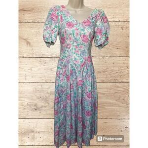 Laura Ashley 1980s Maxi Dress Prom Gown Floral Cotton Size 6 Rose Pink Teal Rare