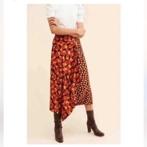 Anthropologie Coral and Brown Asymmetrical faux Wrap Skirt