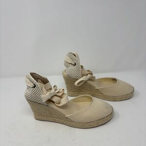 Soludos Shoes Women's 7.5 Espadrilles Tan Canvas Wedge Ankle Round Toe Sandals