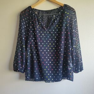 J. Crew, Semi-Sheer Chiffon Swiss Dot‎ Blouse, Navy/Metallic Rainbow, Size XS