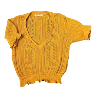 Zara V Neck Cropped Puff Sleeve Knit Sweater top Mustard Yellow Size M