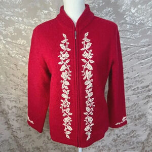 Coldwater Creek Red Boiled Wool Embroidered Jacket Size L