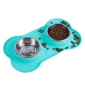 Stainless Steel Double Bowl Pet Feeder No Spill Silicone Mat Food & Water​​