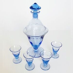 Art Deco Blue Czech Decanter & Glasses