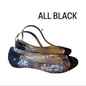 All Black Women's Black Silver Sequin Leather Slip On Ballet Flats 40 10