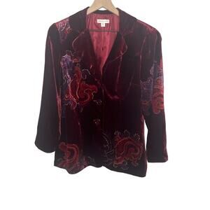 COLDWATER CREEK Women's 14 Petite Red Velvet Floral Paisley Blazer Whimsy Goth