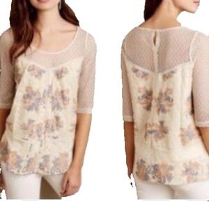 Anthropologie Meadow Rue Anja Floral Sheer Cream Blouse Medium