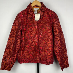 Coldwater Creek Red Beaded Sequined Burnout Scroll Button Up Collared Jacket