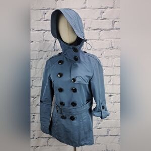 Burberry Women's Rain Coat Jacket Hooded Roll Tab Trench Belted Blue Teal 2 US