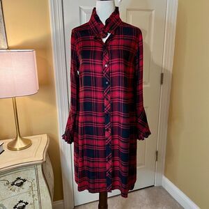 Soft Surroundings Bennington Black Red Plaid Ruffle Shirtdress Shirt Dress PS