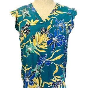 St Tropez Tropical Floral Blouse in Teal/Gold/Blue Women’s M