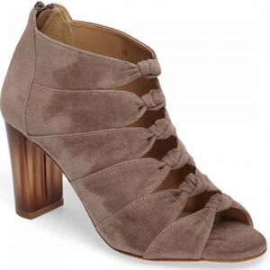 NWOB Vaneli Taupe Suede Open Toe Heels Bootie Cut Out Knot Detailing Size 7 M