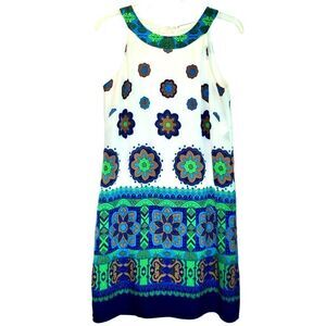 London Times Sleeveless Medallion Shift Dress in  Blues/Greens/White Women’s 4