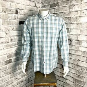 John Varvatos USA Button Down Blue Grey White Checked Plaid Shirt