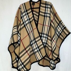 Lord & Taylor Nova Check Cape Poncho Plaid Tan Black Red Sleek Women's One Size