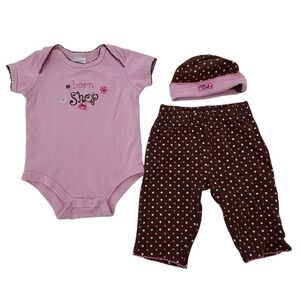 Baby Essentials Baby Girl 3-6 Months 3-Piece Set Onesie, Pants and Beanie