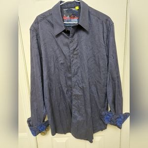 Robert Graham Embroidered Blue Medallions‎ Flip Cuff  Shirt-LG