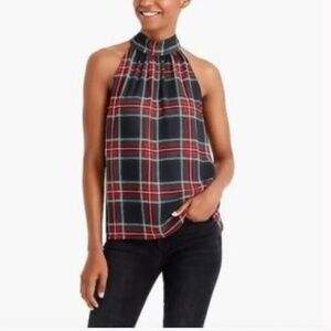 J. Crew Tartan Plaid Chiffon Back Bow Sleeveless Blouse Holiday Preppy Red 00