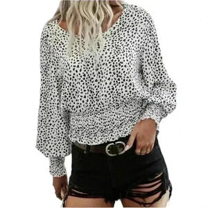 SHEIN Dalmatian Print Bishop Sleeve V Neck Shirred Blouse size small NWOT