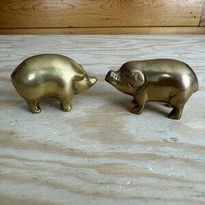 Vintage MCM Solid Brass Pig Lot Of 2 Paperweight Figurine