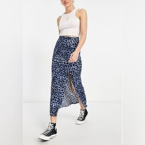 ASOS DESIGN Slip Skirt with Thigh Split Blue Leopard Print