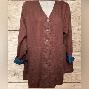 FLAX Designs Linen Jacket Brown Contrast Cuff M