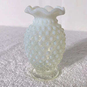 Vintage Fenton Opalescent Hobnail Glass Crimped Ruffle Edge Mini Vase