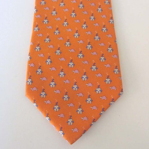 FERRAGAMO orange dogs turtles printed neck tie 100% silk - Picture 4 of 6