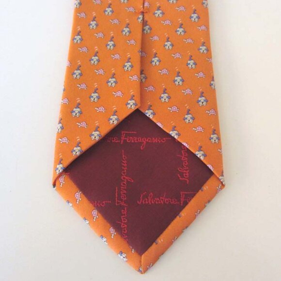 FERRAGAMO orange dogs turtles printed neck tie 100% silk - Picture 5 of 6