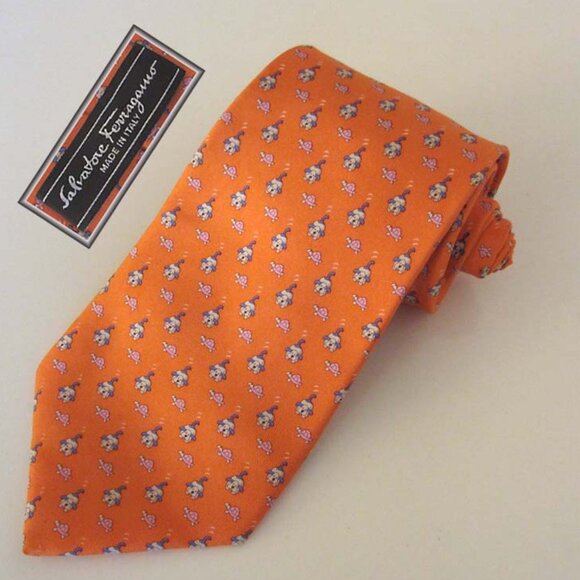 FERRAGAMO orange dogs turtles printed neck tie 100% silk - Picture 1 of 6