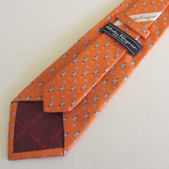 FERRAGAMO orange dogs turtles printed neck tie 100% silk - Picture 2 of 6