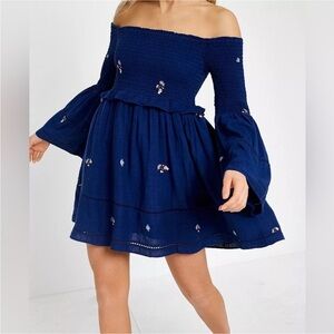 Free People navy Counting Daisies embroidered floral off shoulder mini dress Sm