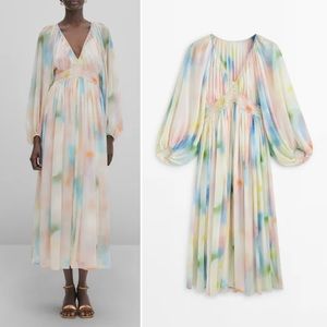 Massimo Dutti Studio Balloon Sleeve V-Neck Watercolor Maxi Dress Size XS NWT