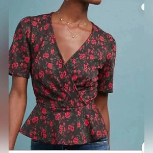 Anthropologie Meadow Rue Heartland Peplum  Floral shirt sleeve top, size xs