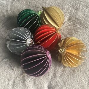 SET OF SIX MULTICOLORED CARDBOARD ORNAMENTS