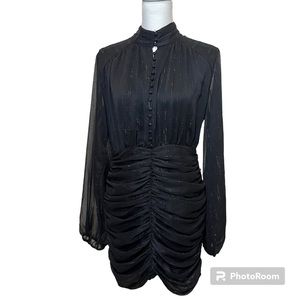 House of Harlow 1960 Ruched Sparkle Thread Long Sleeve Black Mini Dress - Party