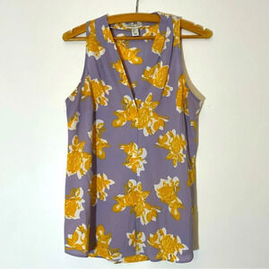 Adrienne Vittadini Soft Gray/Purple w Yellow Flowers V Neck Tank Top Size Small