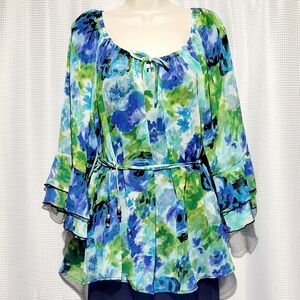 AB Studio Blue & Green Floral Chiffon Top (1X)